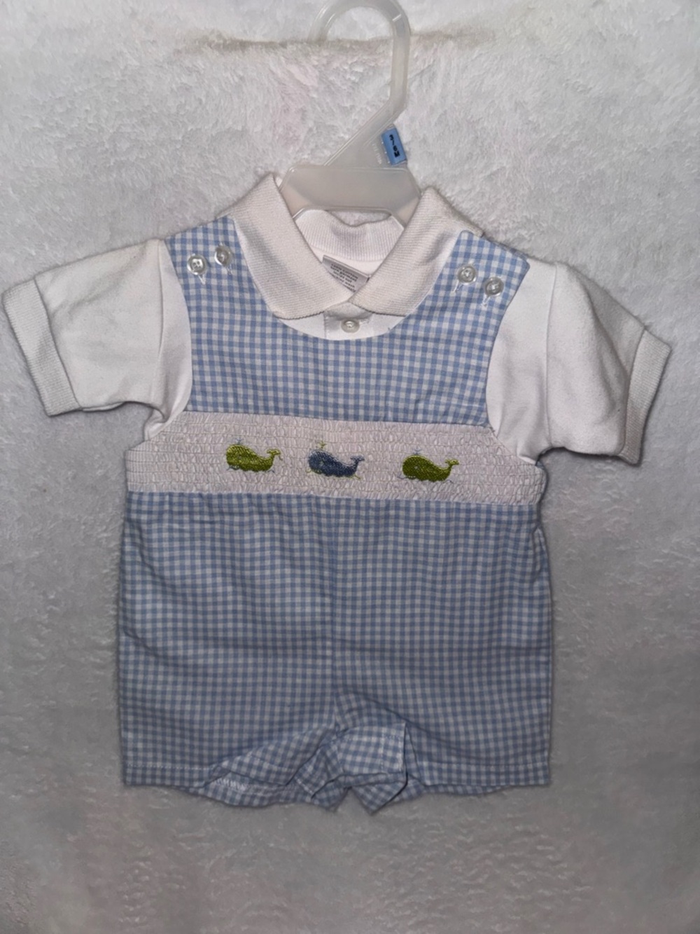 Starting Out Blue Gingham Whale Smocked Shorts romper
3 months